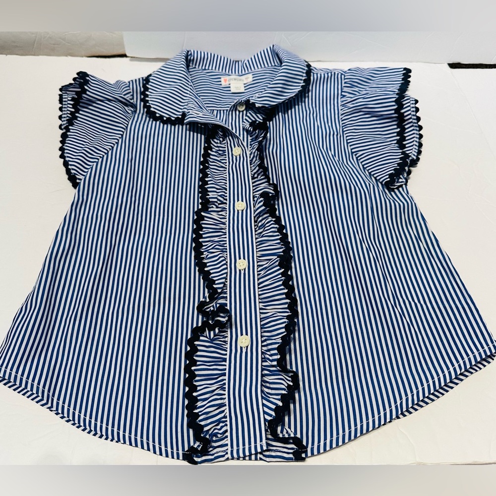 J. Crew Crewcuts Blue & White Striped Button Down Blouse w/Blue Ric-Rak Accents